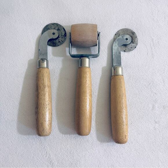 unknown Other - 3 Vtg Tools Seam Roller Cutter Wallpaper Decoupage Wood Handle 1940's